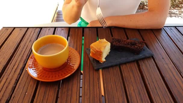 Woman Forking Piece Banana Cake Served Slate Stone Next Cookie — Stock Video