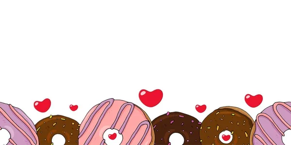 Sevgililer Günü için kalpli tatlı donutların temsili sunumu. Kusursuz çizim. Kenarlık