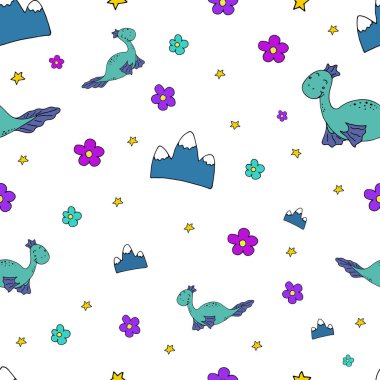 Çizgi romanlardaki küçük dinozorlar ve dağlarla kusursuz desenler. Çocuk çizimleri, kusursuz desenler..