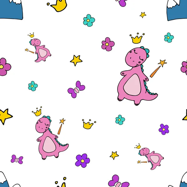 Şirin küçük kız dinozorla kusursuz bir desen. Prenses! Çocuk resimleri, kusursuz desenler..