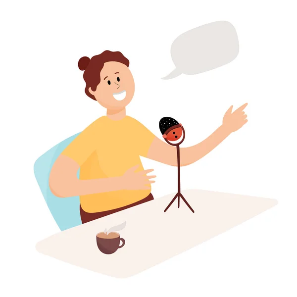 Genç bir adamın ses podcast 'ini kaydettiği vektör illüstrasyonu. Radyo sunucusunun kendi rotası var..