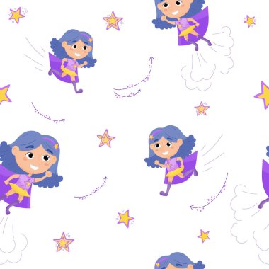 Süper kahraman çocuk çizgi filmi. Süper kahraman bir kızın vektör çizimi. Kız aceleyle imdada yetişiyor..