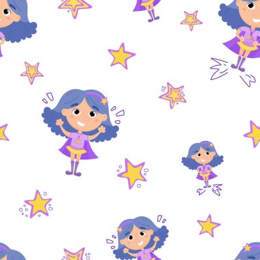 Süper kahraman çocuk çizgi filmi. Süper kahraman bir kızın vektör çizimi.