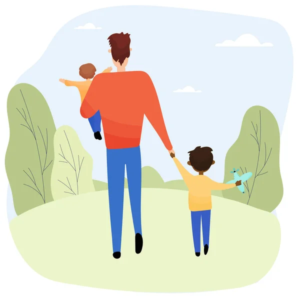 Fathers day. Father walks with children in the park.