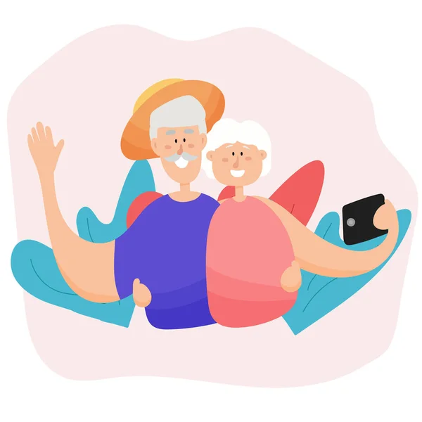 Egy idős pár szelfit készít utazás közben. Aktív nagyszülők együtt utaznak. — Stock Vector