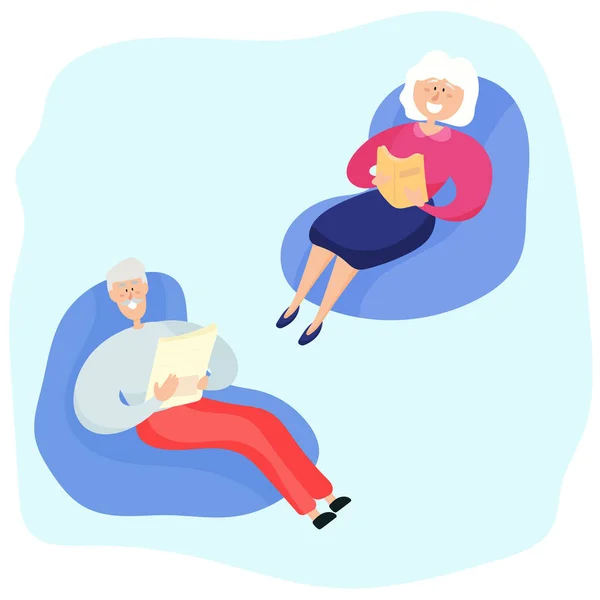 A nagyszülők karosszékben ülnek és olvasnak. Idős házaspár családi szabadideje. — Stock Vector