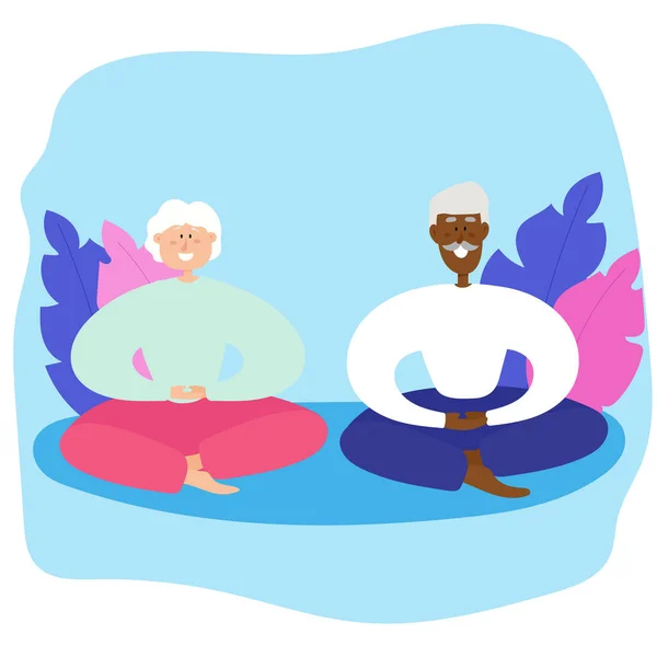Yaşlı bir adam ve kadın meditasyon yapıyorlar. Büyükanne ve siyah büyükbaba birlikte egzersiz yapıyorlar..