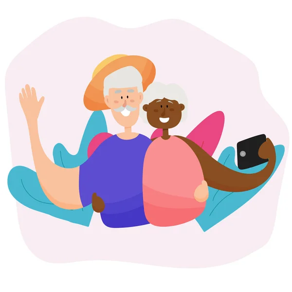 Yaşlı bir çift seyahat ederken selfie çeker. Aktif büyükanne ve büyükbaba birlikte seyahat eder. çok ırklı