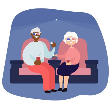 Vektör çizimi. Sinemadaki son sınıflardan birkaçı. Kara dede ve büyükanne..