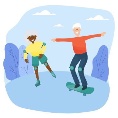 Yaşlı bir çift. Koyu tenli patenli büyükanne ve kaykaylı büyükbaba parkta birlikte vakit geçiriyorlar.