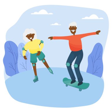 Yaşlı bir çift. Patenli siyah büyükanne ve kaykaylı büyükbaba parkta birlikte vakit geçiriyorlar.