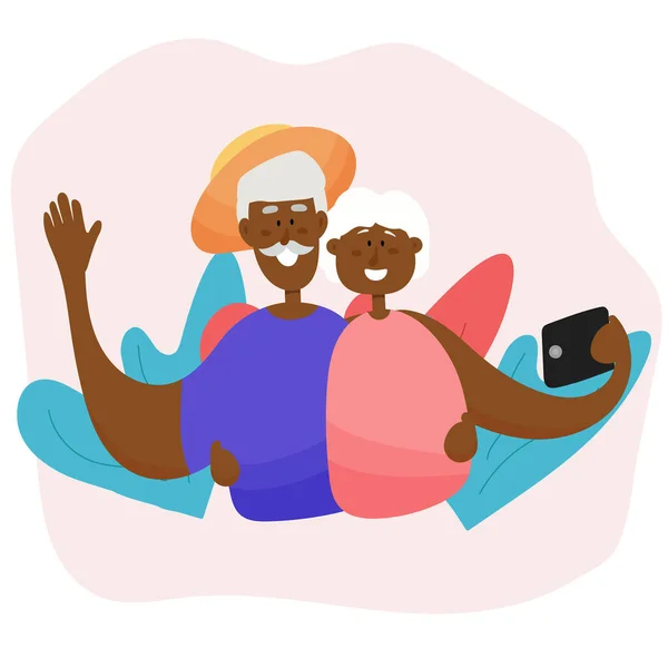 Um casal de idosos negros tira uma selfie enquanto viaja. Avós ativos viajam juntos. — Vetor de Stock