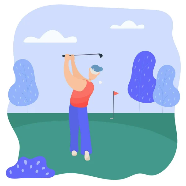 Il nonno gioca a golf. Nonno colpisce la palla con una mazza da golf. — Vettoriale Stock