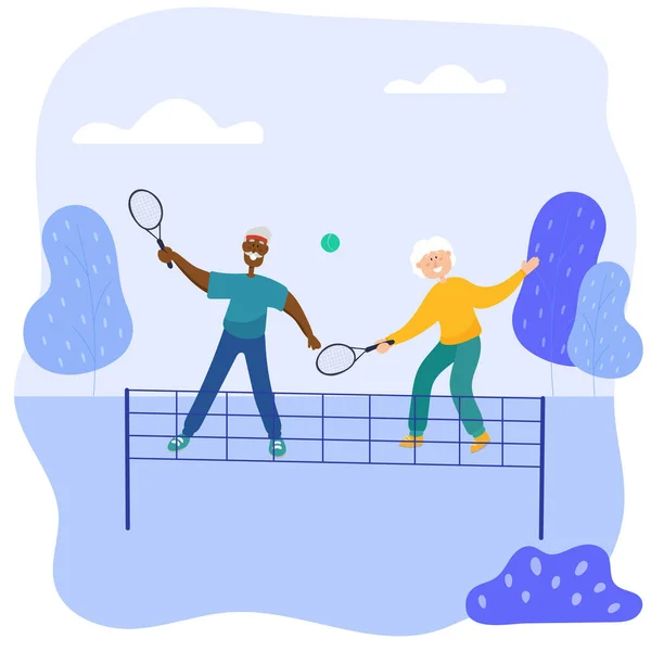 Babuška a babička hrají tenis v parku. Prarodiče drží raketu a odpalují míček hrají tenis. — Stockový vektor