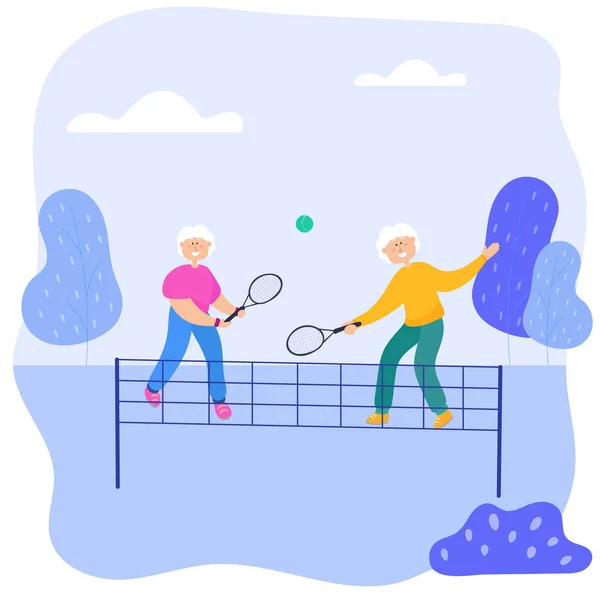 Grandmothers play tennis in the park. Girlfriends hold a racket and hit the ball, play tennis. — Stockový vektor