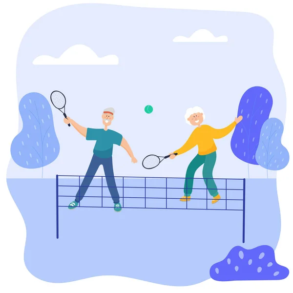 Babuska és nagymama teniszeznek a parkban. Nagyszülők kezében egy ütő és a labda ütő tenisz. — Stock Vector