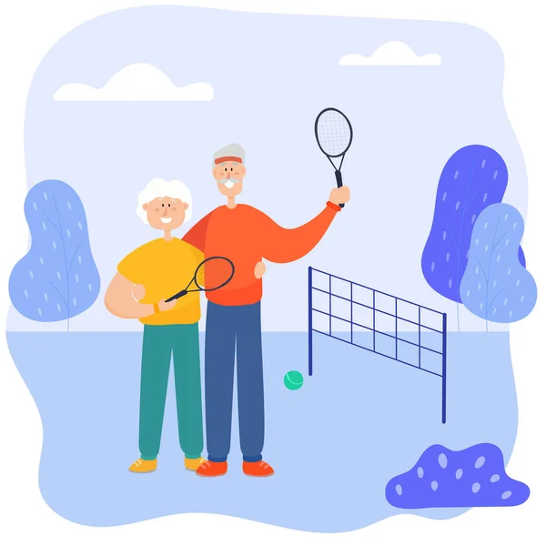 Babushka and grandmother play tennis in the park. Grandfather and grandmother spend time actively together. — Stockový vektor