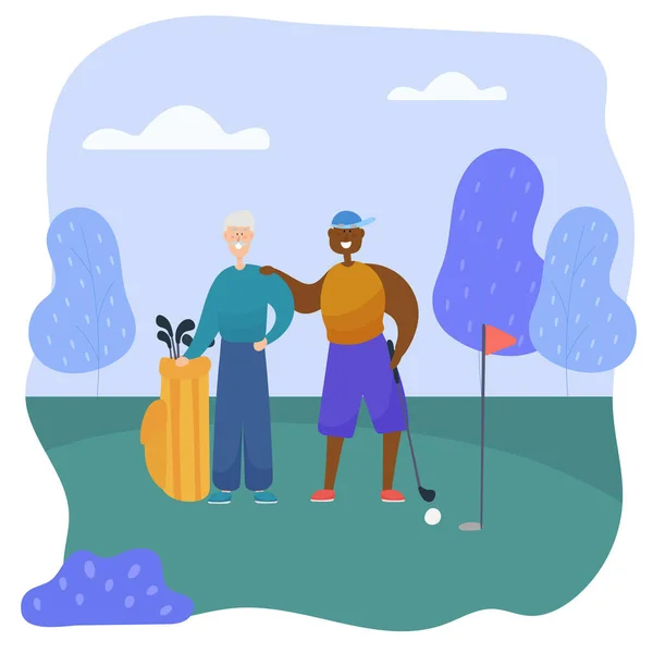 Az idősek golfoznak. Különböző nemzetiségű barátok töltenek együtt egy kis időt.. — Stock Vector