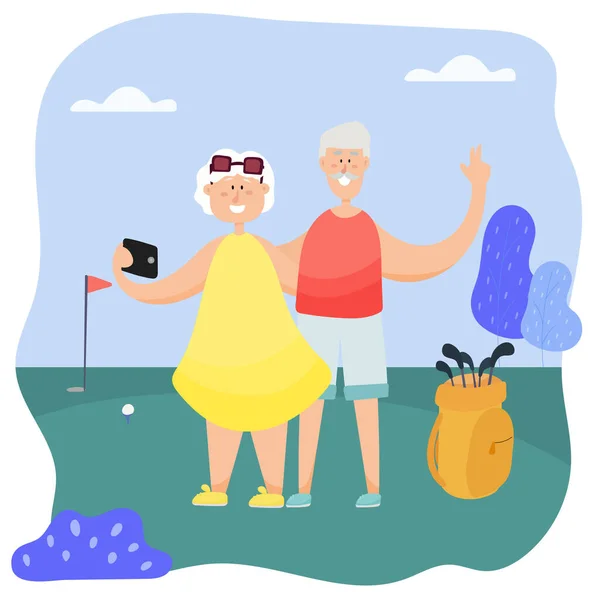 A nagyszülők szelfit csinálnak a parkban. Nagyapa és nagymama teniszeznek a parkban.. — Stock Vector