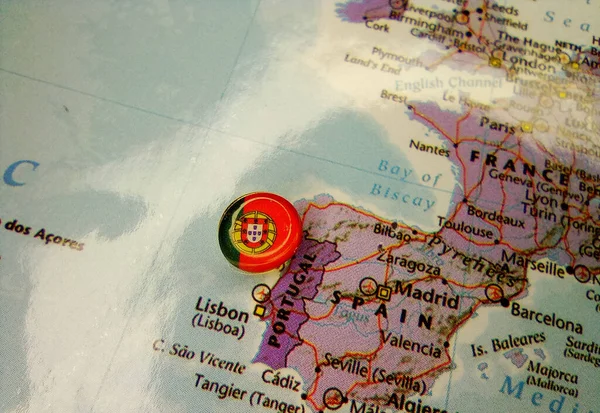 Drawing pin flag of Portugal on the map — Stok fotoğraf