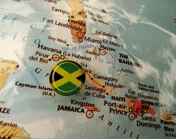 Drawing pin flag of Jamaica on the map — Stock Photo, Image