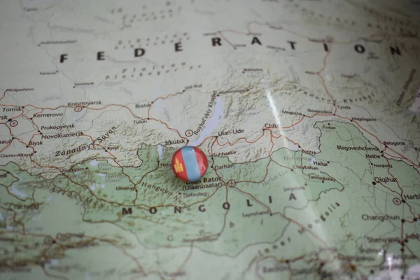 Mongolia flag drawing pin on the map — Stock Photo, Image
