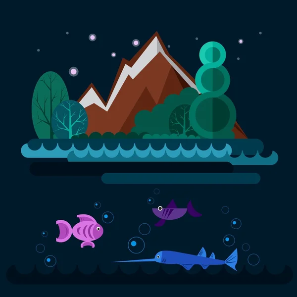 Night coast of lake with fishes. — Stock Vector