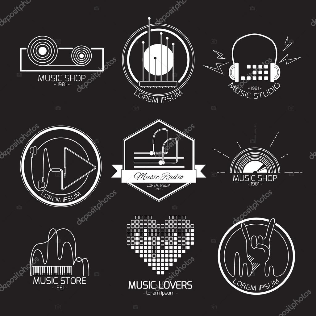 Set of vector music logos and signs. Recording studios and radio badges. Vintage emblems with sample text.