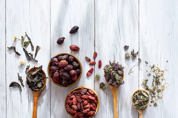 Chá Ervas Varios Chamaenerion Camomila Rosa Quadris Origanum Goji Bagas — Fotografia de Stock