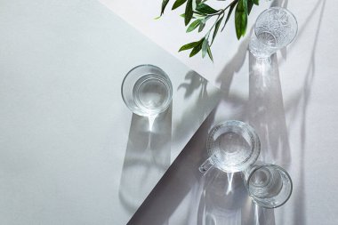 Açık arkaplanda su üstü manzaralı yaz kompozisyonu. Zeytin dalı ve uzun gölgelerle dolu, kopyalama alanı olan.