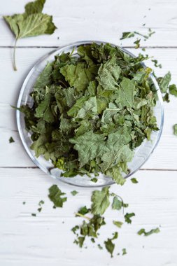 Beyaz ahşap bir masada cam bir tabakta kurutulmuş üzümlü yapraklar. Organik, doğal, kuru bitki çayıyla kompozisyon