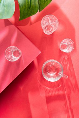 Bardaklar dolusu su üstü manzaralı parlak kırmızı arka planda yaz kompozisyonu. Monstera palmiye yaprağı ve uzun gölgelerle dolu sakin bir hayat.