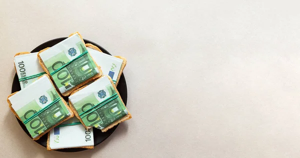 Yaratıcı minimalist kompozisyon - 100 avroluk banknotlardan yapılmış bir tabak sandviç. Bilinçli tüketim kavramı, sürdürülebilir yaşam tarzı.