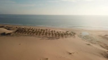The drone flies going through the sand dunes towards the sea. Aerial Drone Footage high above the beach with the ocean.