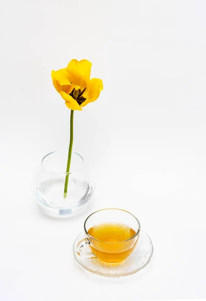 Vaso Con Fiore Tulipano Giallo Tazza Natura Morta Minimalista Sfondo — Foto Stock