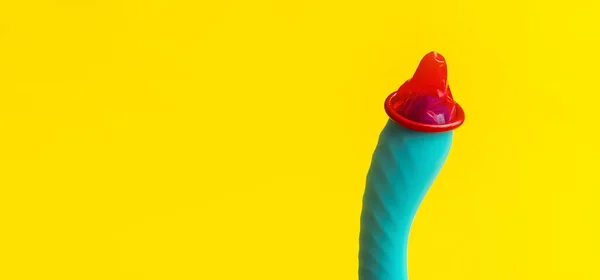 Sex Toy Blue Dildo Vibrator Red Condom Yellow Desk Copy — ストック写真