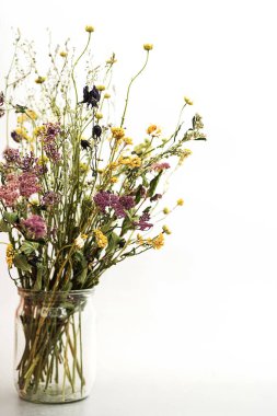 Cam kavanozda kurumuş çiçekler, seçici bir odak noktası. Işık arkaplanında fotokopi alanı ile kurumuş tarla çiçeklerinin minimum ömrü.