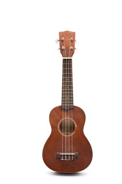 Ukulele gitarı beyaza izole edilmiş. Kahverengi akustik gitar