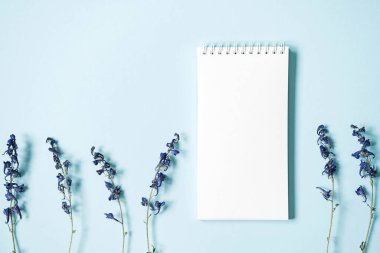 Boş defter, kurumuş çiçekler, kırtasiye malzemesi. Beyaz sarmal çizim defterinin bir kopyası..