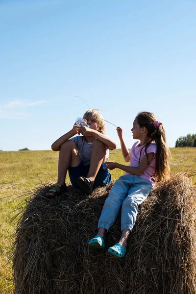 Meisje Jongen Hebben Plezier Een Hooiberg Zomer Het Platteland Leuke — Stockfoto