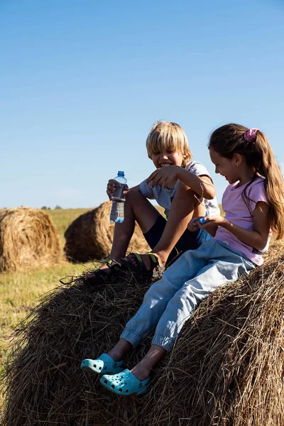 Meisje Jongen Hebben Plezier Een Hooiberg Zomer Het Platteland Leuke — Stockfoto