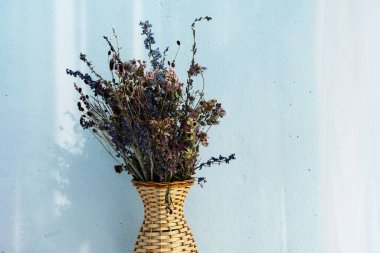 Hasır vazoda kurumuş çiçekler mavi duvarda duruyor. Ev ekonomisi dekoru, alanı kopyala.