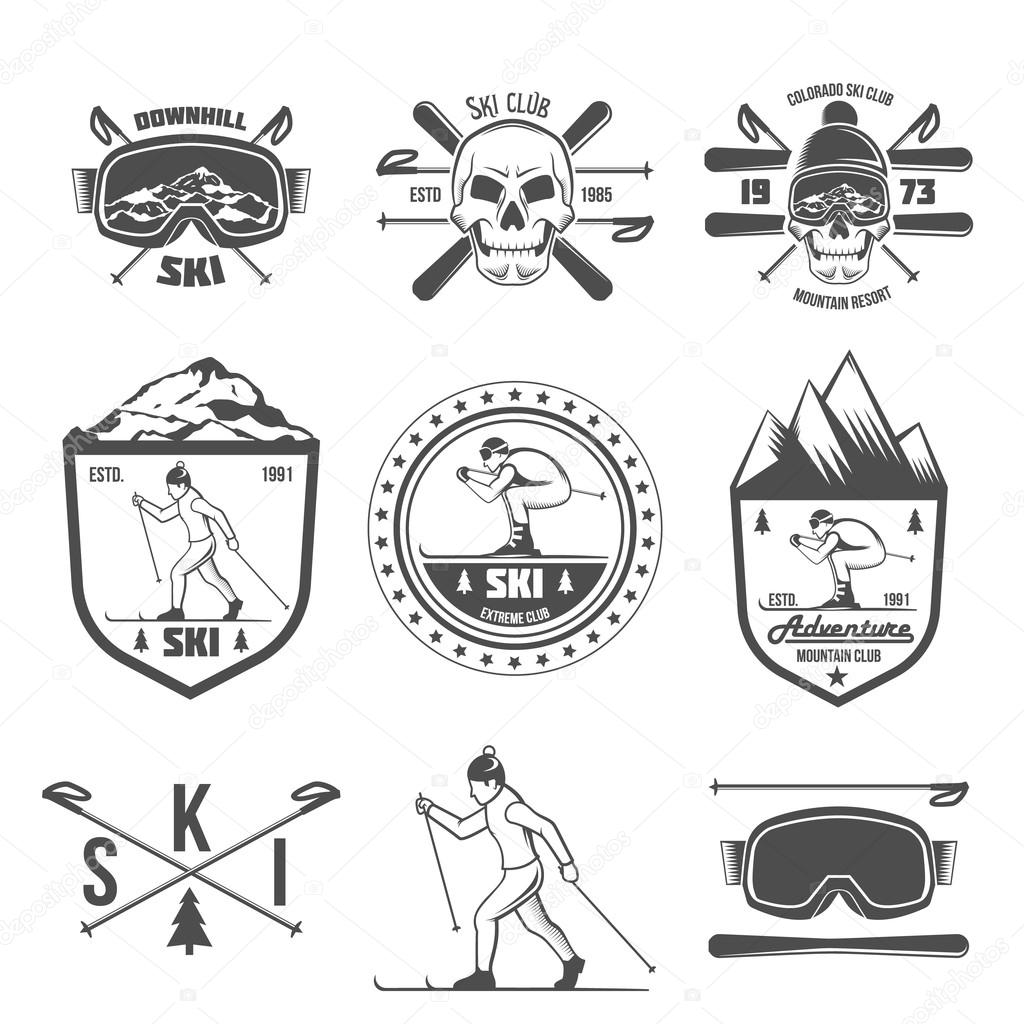 Set of vintage skiing labels and design elements