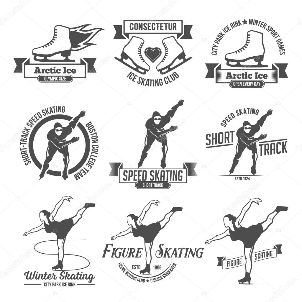 Ice Skate label logo design. Ice skating boot, speed scating, figure skating. Winter sports. Retro logo design. Old school sport logo. Monochrome badges.