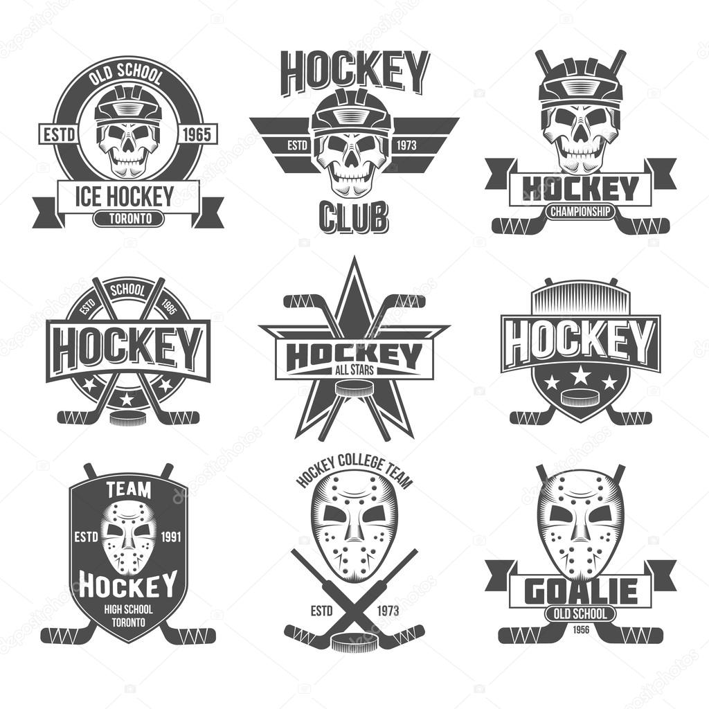 Ice hockey labels and design elements. The emblem with goalkeeper helmet, hockey pucks, sticks, protective masks , heraldic shields, wreaths, ribbon banners. Vintage Badge Logo Template