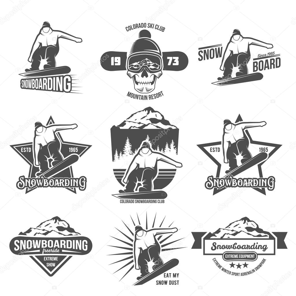 Set of Snowboarding logos and labels templates. Winter sports.Winter snowboard sport store badge. Emblem and icon Mountain Adventure insignia, symbol and element.  Retro logo design.