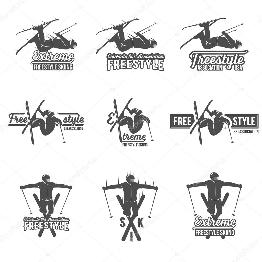 Vintage ski freestyle logos, badges, emblems and design elements. Winter extreme sports. logo skier. Retro logo design. Old school sport logo. Monochrome badges.