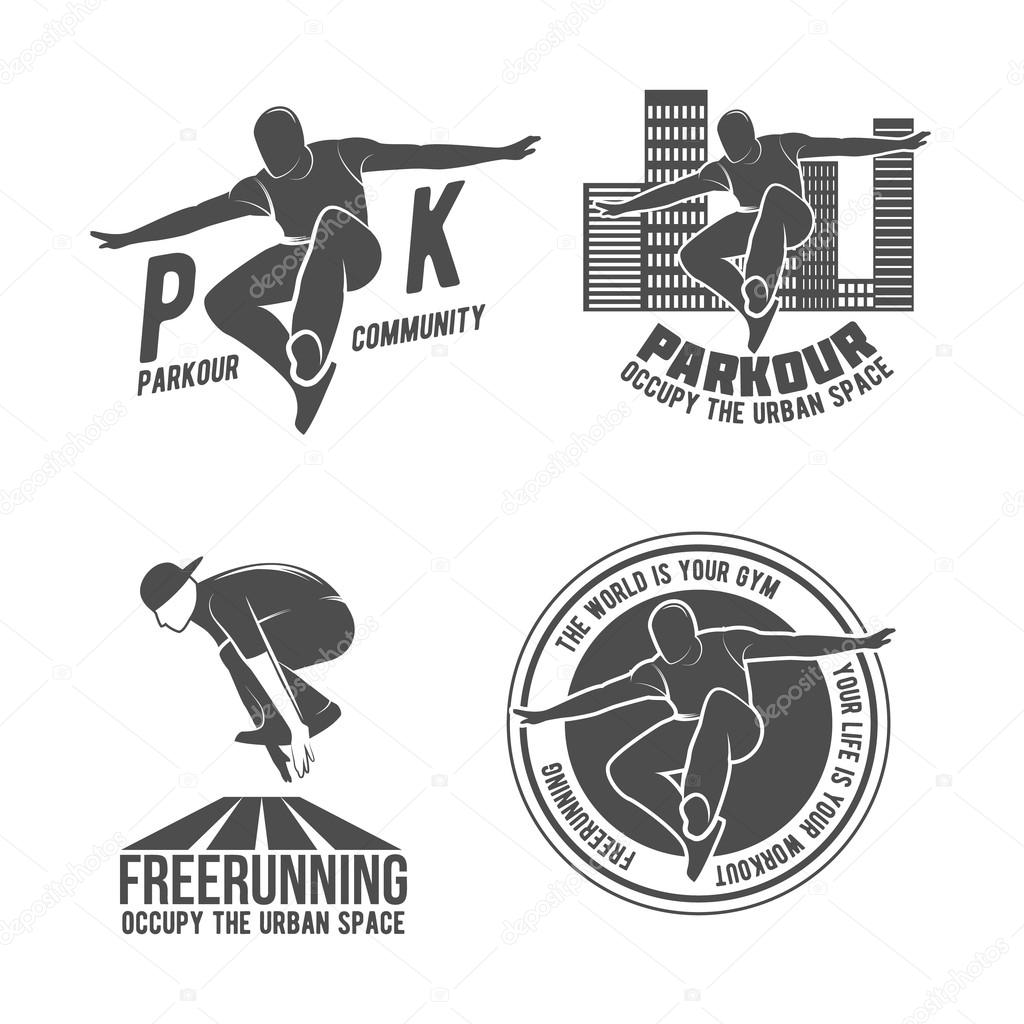 Set of Parkour icons, badges, logo, design elements. Free running, youth, sport and lifestyle concept.Parkour tricks extreme sport people vector silhouette. City sport parkour human pose. Parkour jump