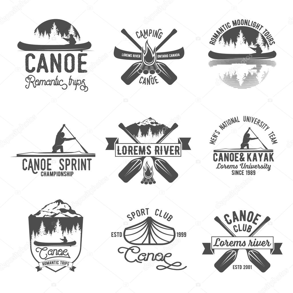 Set of vintage mountain, rafting, kayaking, paddling, canoeing camp logo, labels and badges. Stylish Monochrome design. Outdoor activity theme. Summer and winter vacation insignias.