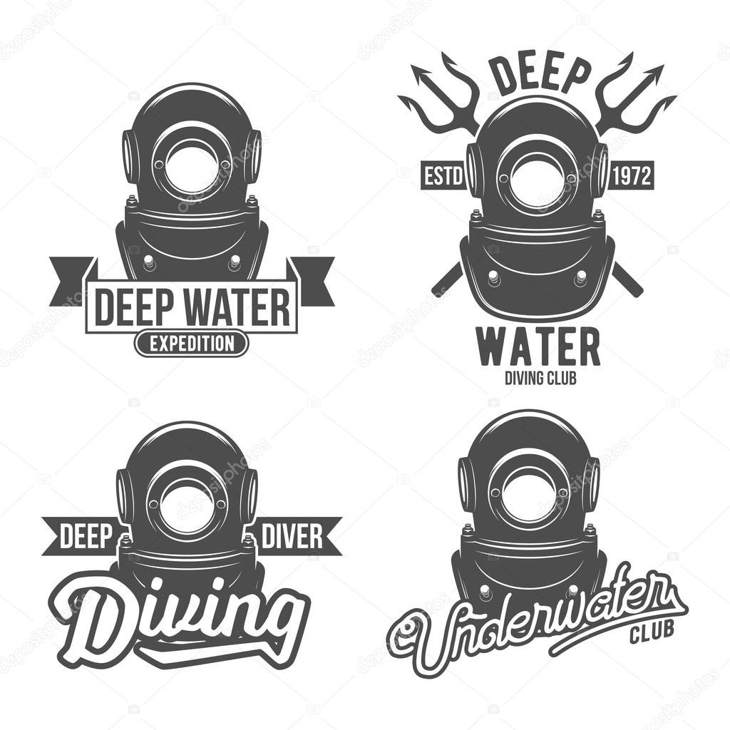 Scuba diving labels set. Underwater swimming logos. Sea dive, spearfishing, vector illustration. Diving emblems and designed elements